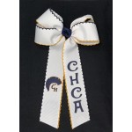 Cottage Hill Christian (White) / Navy-Yellow Gold Pico Stitch Bow w/ Tails - 5 Inch